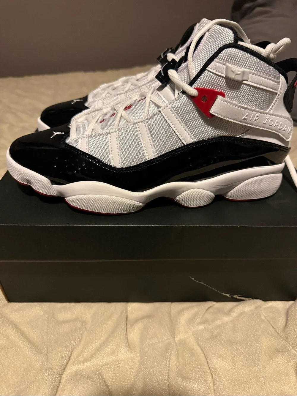 Jordan 6 Rings : White Black Red Leather-Trim Basketball Sneakers